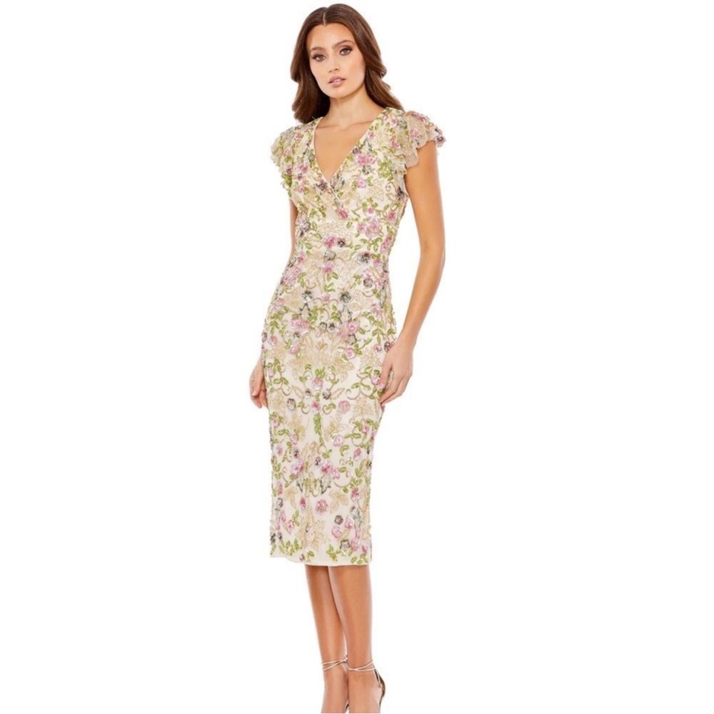 Mac Duggal Floral Sequin Flutter Sleeve Midi Dress Sequin Beaded NWT 10